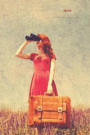 Journal: Fine Art Journal Girl In Red Dress Field Binoculars Suitcase Journal Art notebook Journal Gift